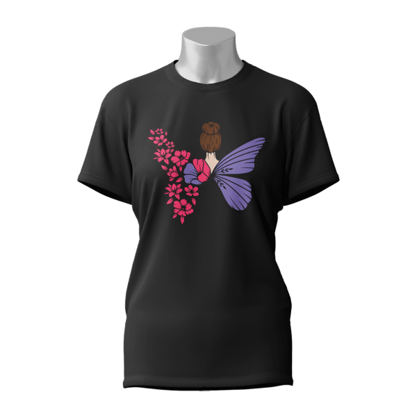 Female Printed Round Neck Half Sleeve T-Shirt-Butterfly Flower Girl