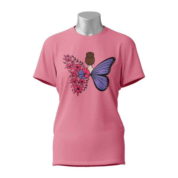 Female Printed Round Neck Half Sleeve T-Shirt-Butterfly Flower Girl