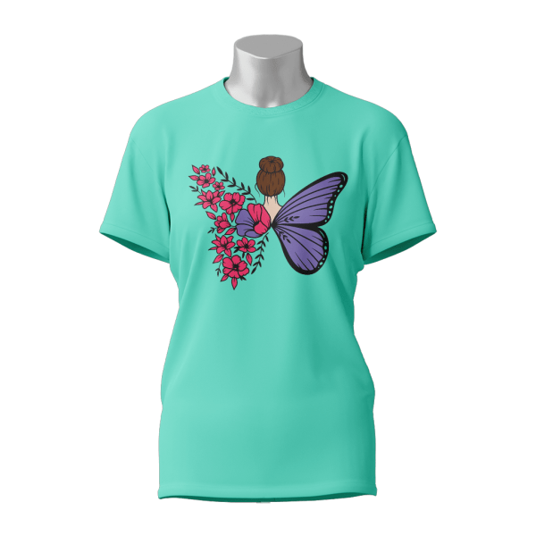 Female Printed Round Neck Half Sleeve T-Shirt-Butterfly Flower Girl