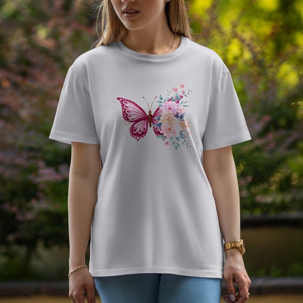 Butterfly With Flowers - Half Sleeve T-Shirt For Women