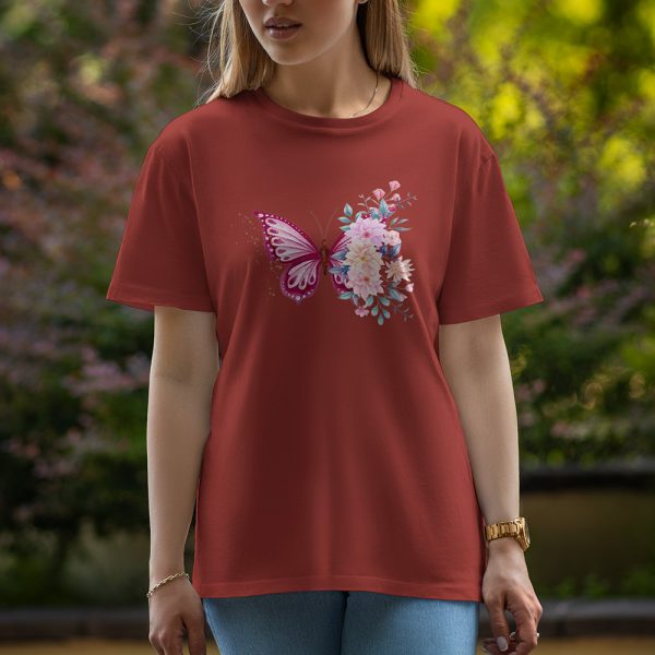 Butterfly With Flowers - Half Sleeve T-Shirt For Women