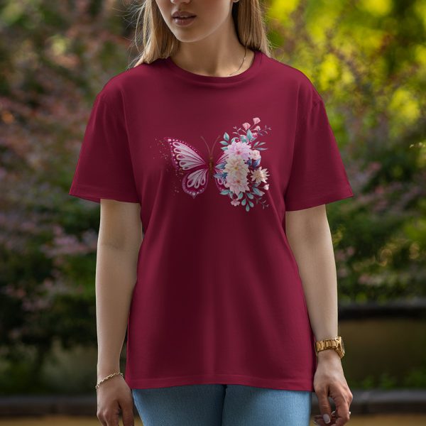 Butterfly With Flowers - Half Sleeve T-Shirt For Women