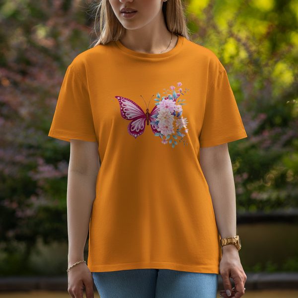 Butterfly With Flowers - Half Sleeve T-Shirt For Women