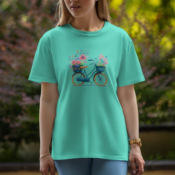 Cycle With Flowers - Half Sleeve T-Shirt For Women