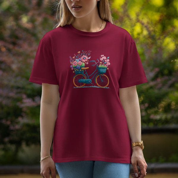 Cycle With Flowers - Half Sleeve T-Shirt For Women