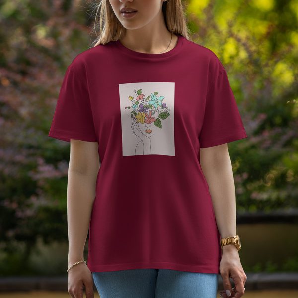 Flower With Girl Art - Half Sleeve T-Shirt For Women