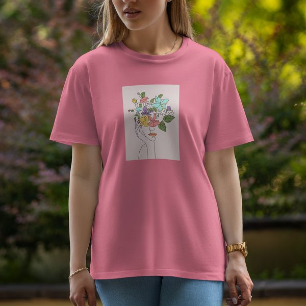 Flower With Girl Art - Half Sleeve T-Shirt For Women