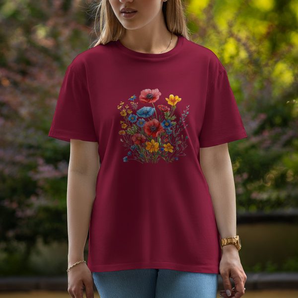 Red Flowers - Half Sleeve T-Shirt For Women