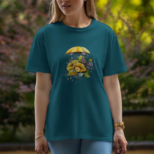 Umbrella With Flower - Half Sleeve T-Shirt For Women