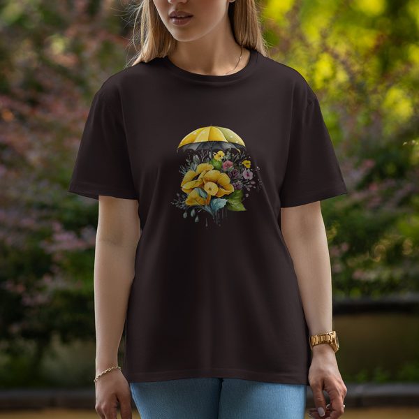 Umbrella With Flower - Half Sleeve T-Shirt For Women